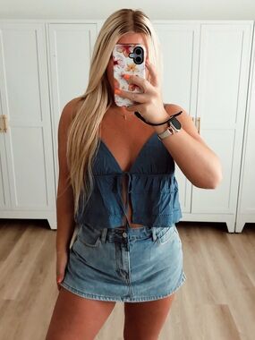 Blue open front tie knit crochet top